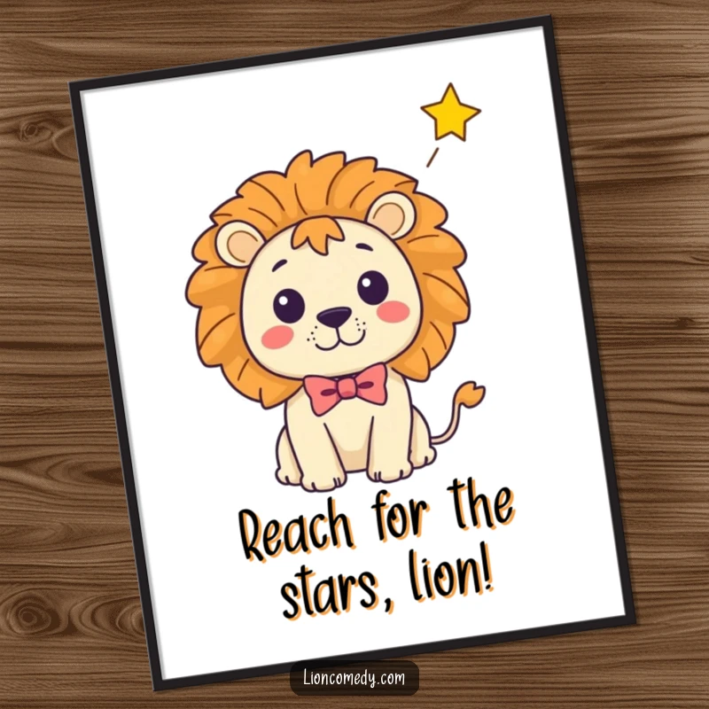 Funny Free Printable Wall Art: Kawaii lion wearing a tiny bow tie, comically surprised by a falling star.