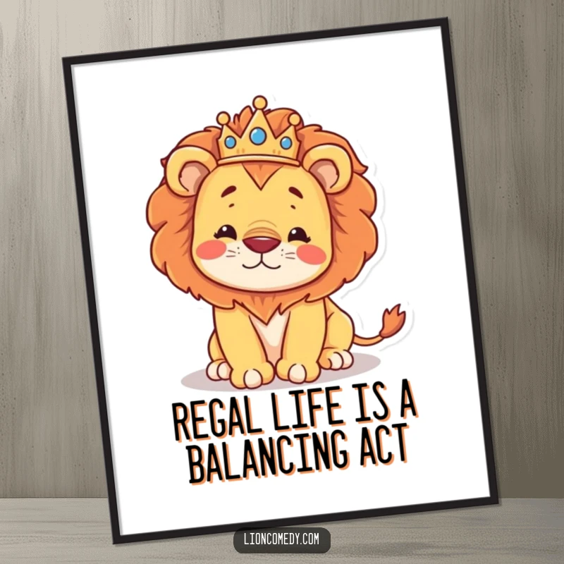 Funny Free Printable Wall Art: A kawaii lion in a tiny crown looks regal before hilariously stumbling.