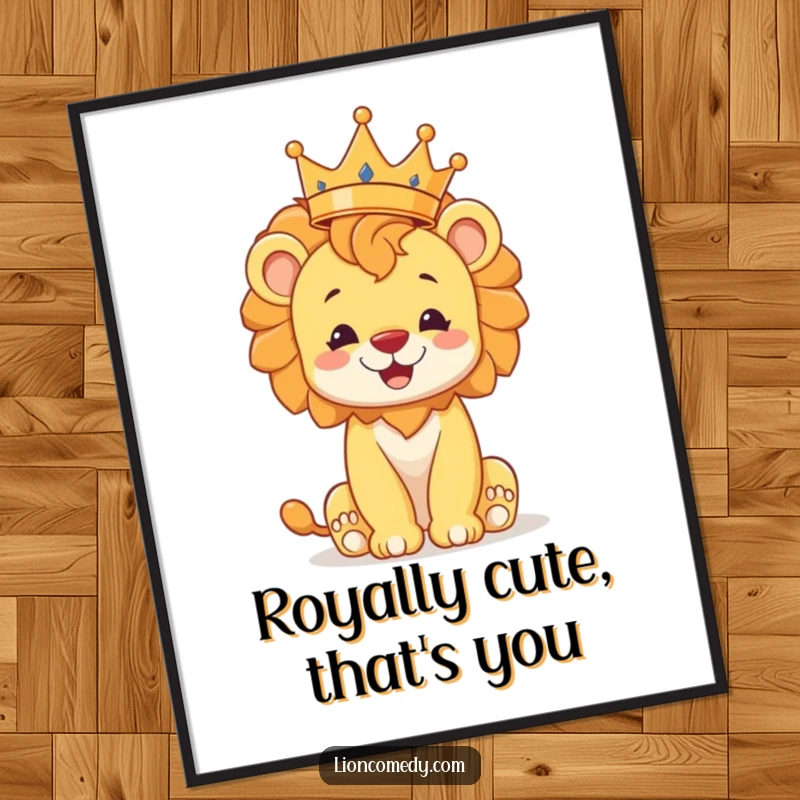 Funny Free Printable Wall Art: a cheerful lion cub wearing a crown precariously balanced on its mane.