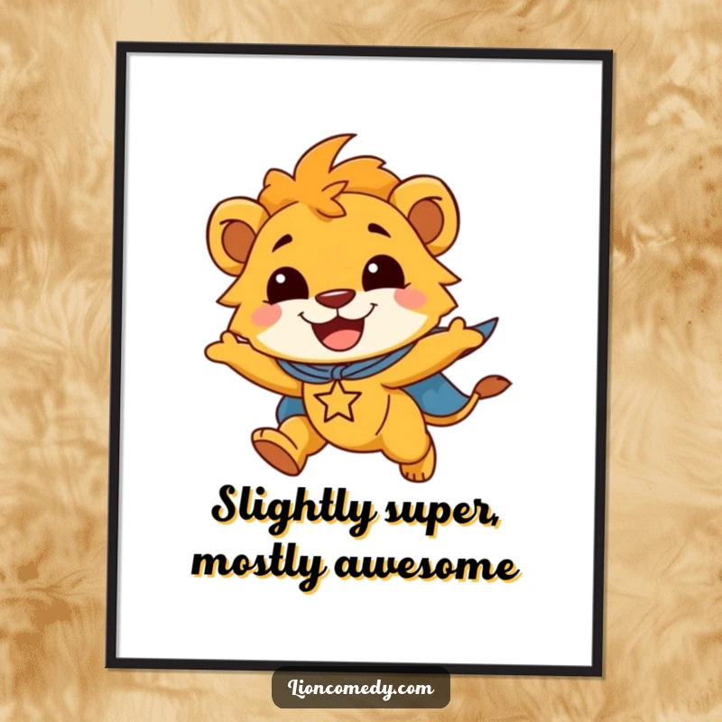 Funny Free Printable Wall Art: Smiling lion cub in a superhero cape flies joyfully, bringing heroic charm to your decor.