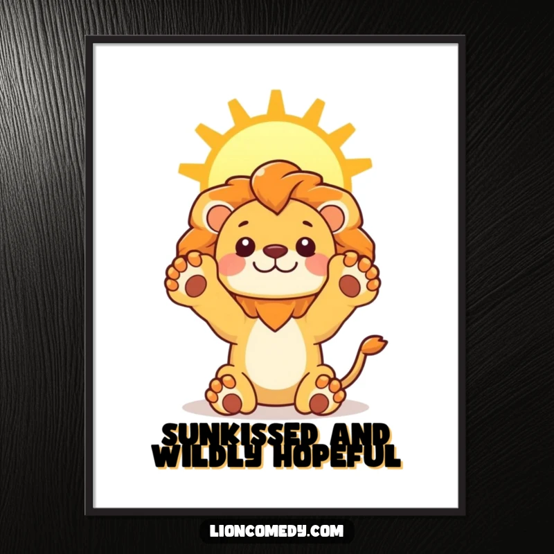 Funny Free Printable Wall Art: Kawaii lion stretching its paws upwards towards a bright sun, creating an uplifting and cheerful downloadable art.