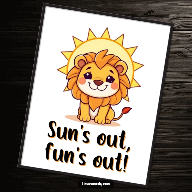 Funny Free Printable Wall Art showcasing a kawaii lion with a mischievous grin, playfully hiding behind a large, radiant, bright sun.