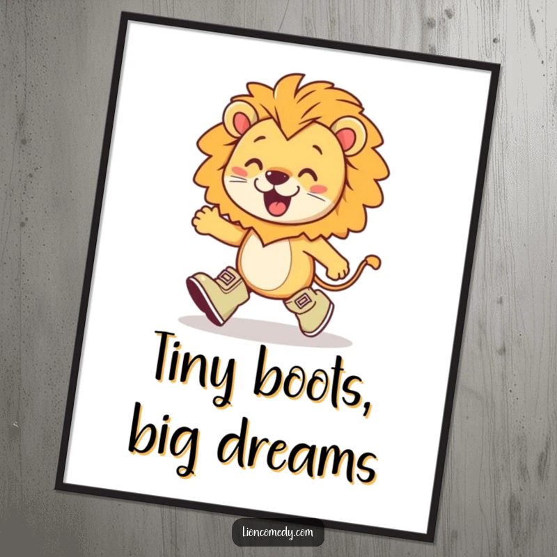 Funny Free Printable Wall Art: Kawaii lion marching with tiny boots and exaggerated enthusiasm, a downloadable burst of energy.