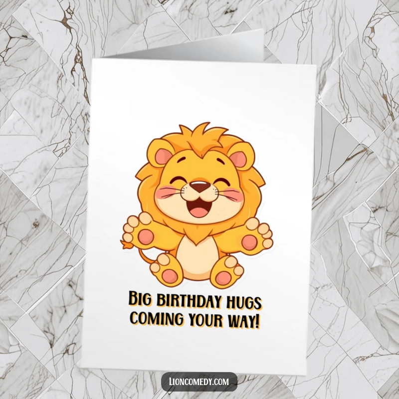Funny Free Printable Birthday Card: A happy lion with its paws outstretched, eagerly offering a big hug.