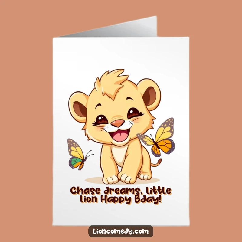 Free Printable Birthday Card: Grinning Lion Cub Butterfly, Funny Downloadable Gift