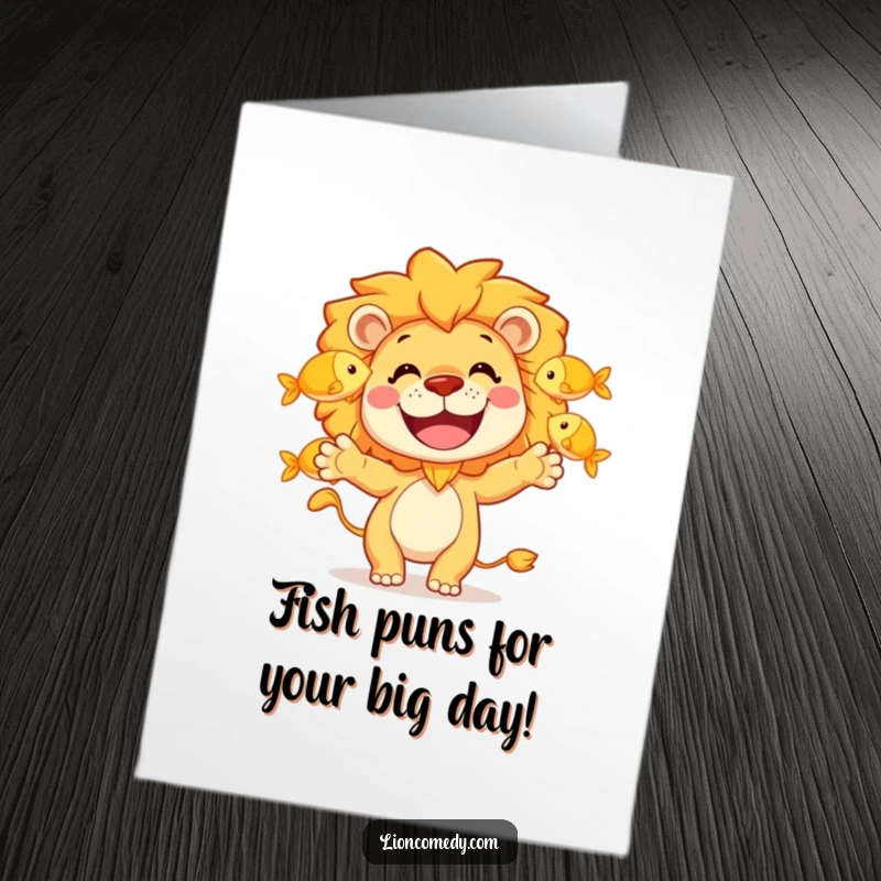 Funny Free Printable Birthday Card: Grinning lion hilariously juggles three golden fish, perfect for a vibrant celebration.