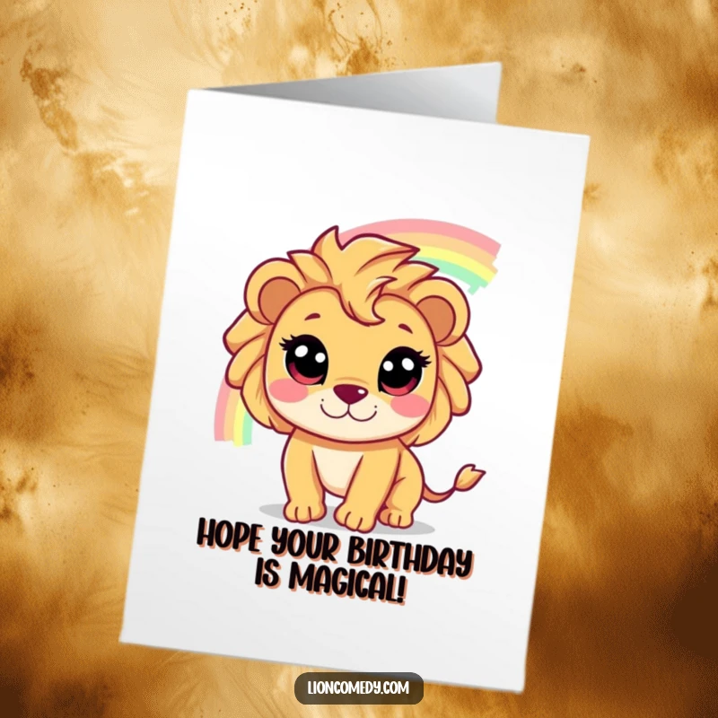 Funny Free Printable Birthday Card: Cute lion with wide eyes excitedly chases a shimmering rainbow, wishing happy birthday.