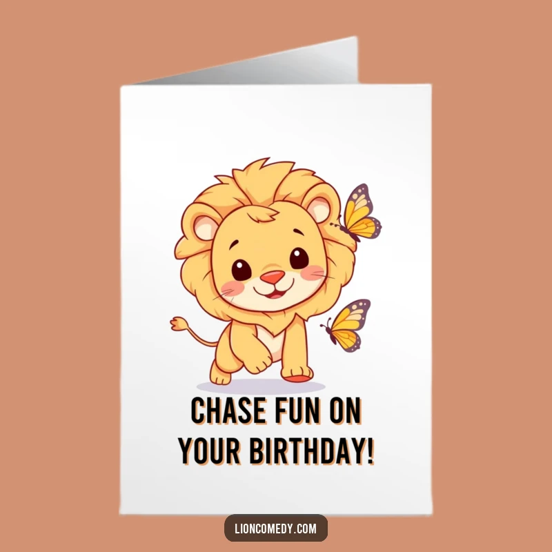 Free Printable Birthday Card: Cheerful Lion Butterfly Chase, Funny Downloadable Gift for a Joyful Celebration