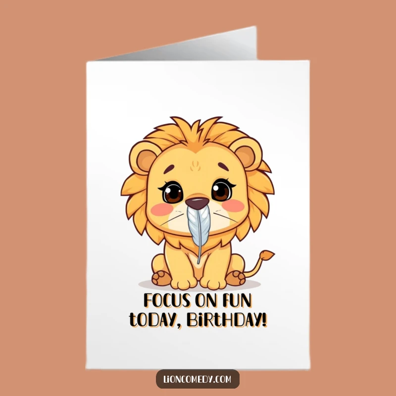 Free Printable Birthday Card: Concentrating Kawaii Lion Funny Card for a Focused Celebration