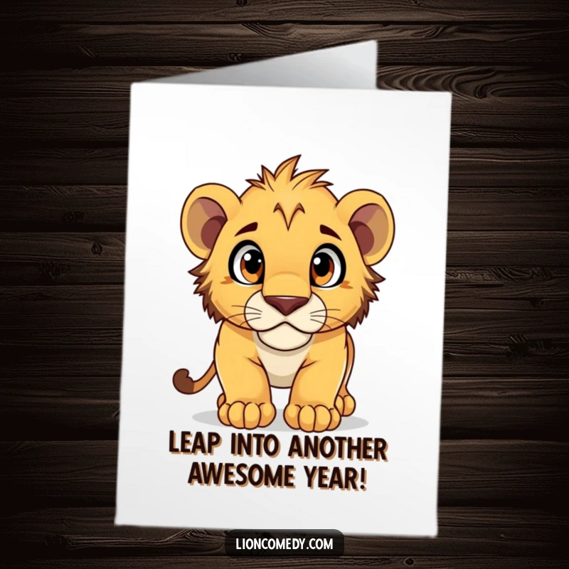 Funny Free Printable Birthday Card featuring a curious lion cub pouncing forward with wide, excited eyes, ready for celebration.