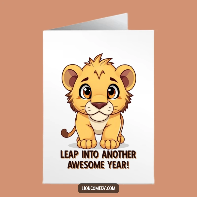 Free Printable Birthday Card: Curious Lion Cub Pounce - Funny Downloadable Gift