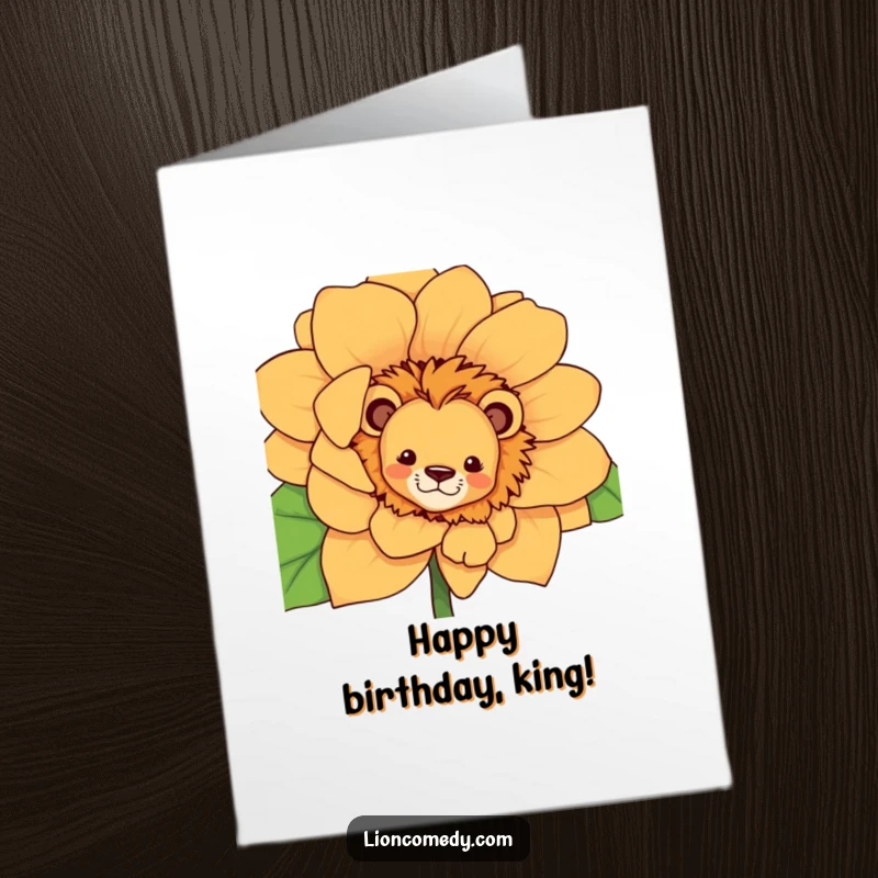 Funny Free Printable Birthday Card: A curious lion playfully peeks from behind a massive, colorful flower.