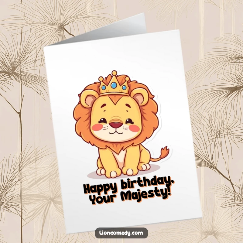 Funny Free Printable Birthday Card: A regal kawaii lion wearing a crown hilariously stumbles, mid-majestic pose.