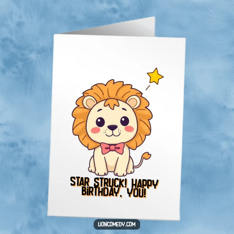 Funny Free Printable Birthday Card: Kawaii lion in bow tie shocked by falling star, delightful printable greeting.
