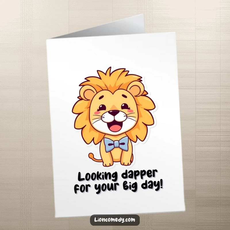 Funny Free Printable Birthday Card: A lion with a huge goofy smile sporting a ridiculously tiny, dapper bow tie.