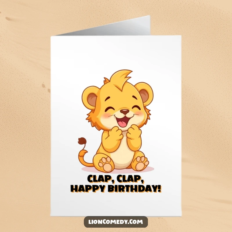 Funny Free Printable Birthday Card featuring a happy lion cub clapping its paws together with pure delight and excitement.