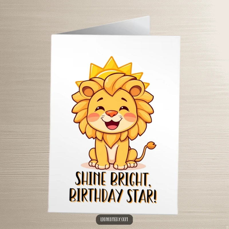 Funny free printable birthday card: a cheerful lion joyfully balancing a bright yellow sun on its nose.
