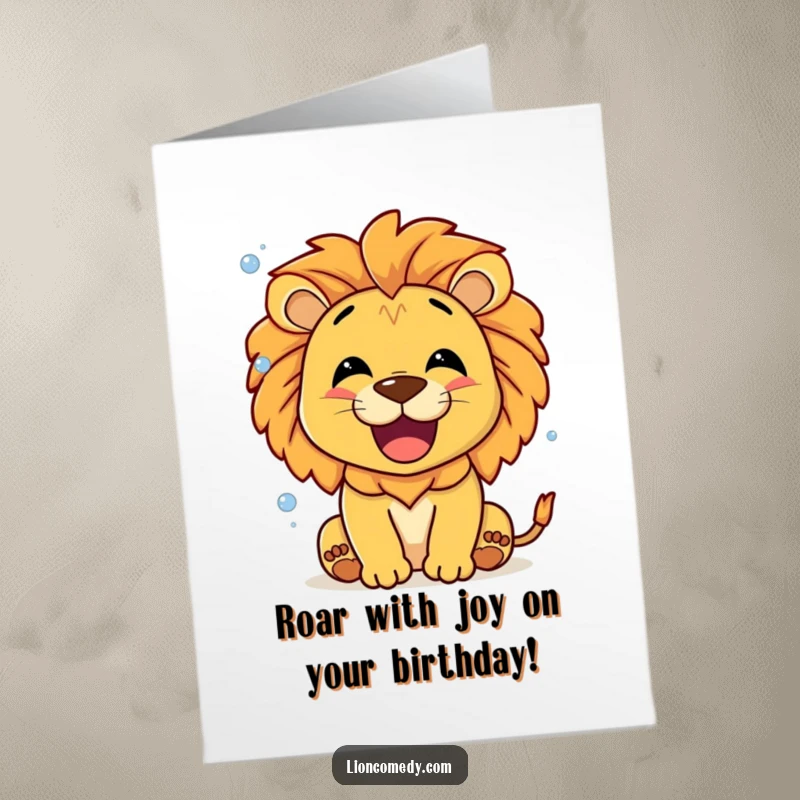 Funny Free Printable Birthday Card: A smiling lion roaring with joy, surrounded by tiny, shimmering bubbles.