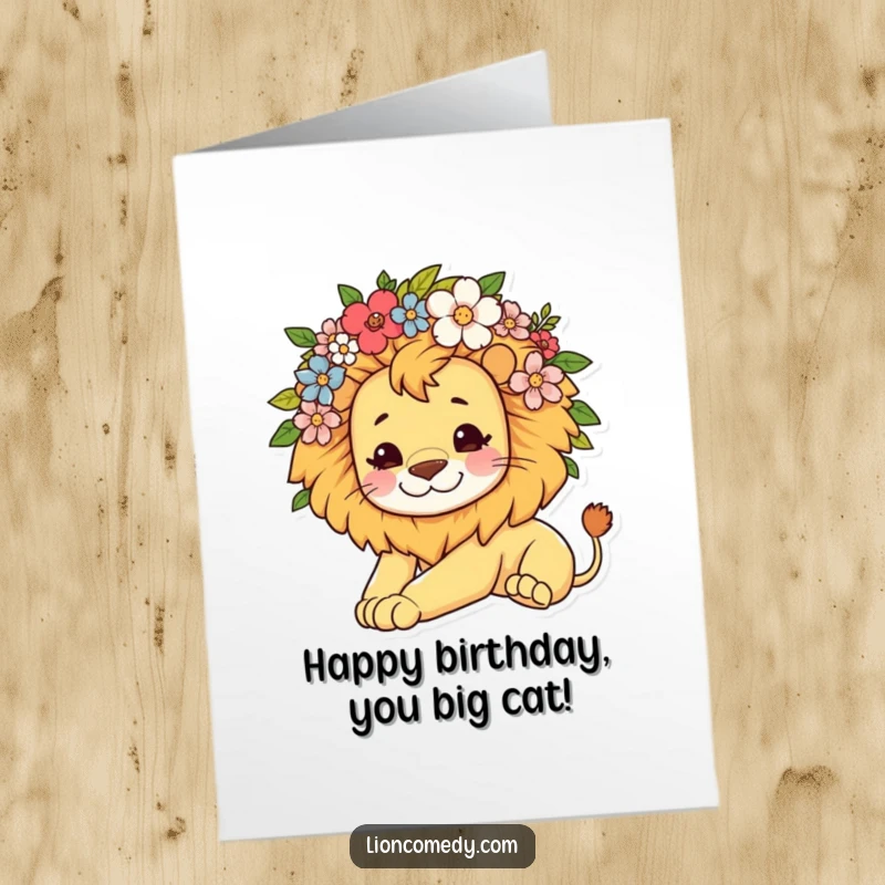 Free Printable Birthday Card: A kawaii lion with a floral mane stretches lazily, wishing a happy birthday with cuteness.