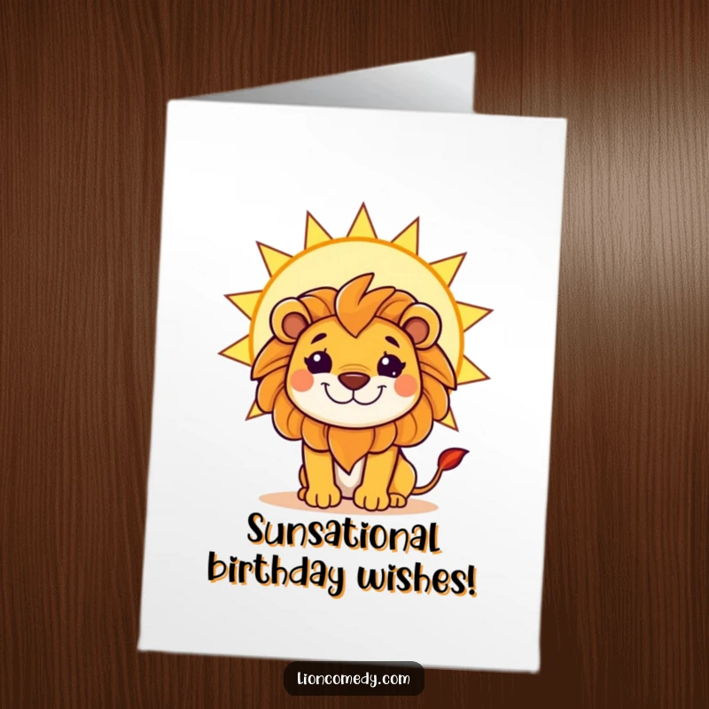 Funny Free Printable Birthday Card featuring a kawaii lion with a mischievous grin, peeking from behind a large, bright sun.