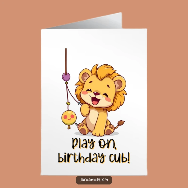 Free Printable Birthday Card: Playful Lion Cub & String - Funny Downloadable Gift