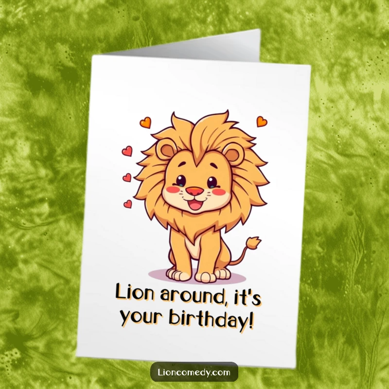 Funny Free Printable Birthday Card: Majestic lion proudly juggling its own mane with a happy expression, perfect for laughs.