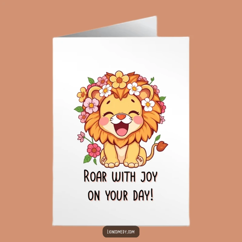 Free Printable Birthday Card: Roaring Lion Cub Flowers! Joyful Downloadable Gift for Nature Lovers.