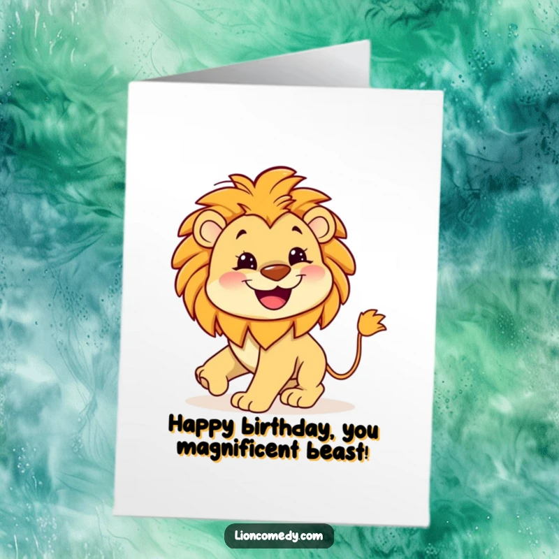 Funny Free Printable Birthday Card: Kawaii lion with a wide, happy grin, chasing its own tail in a playful, silly manner.