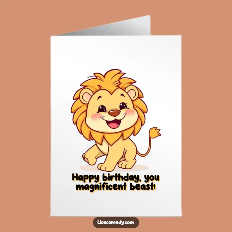 Free Printable Birthday Card: Silly Lion Chasing Tail, Fun Downloadable Gift Greeting