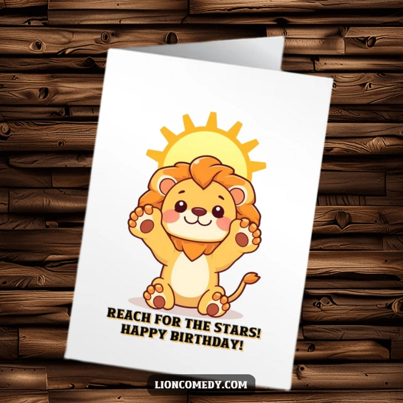Funny Free Printable Birthday Card: Kawaii lion stretching its paws upwards towards a bright sun, expressing joy and positivity.