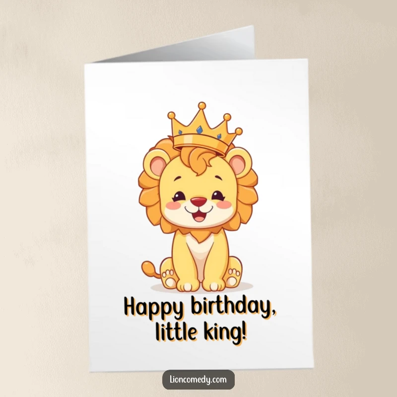 Funny Free Printable Happy Birthday Card: a cheerful lion cub attempts to balance a crown on its fluffy mane.