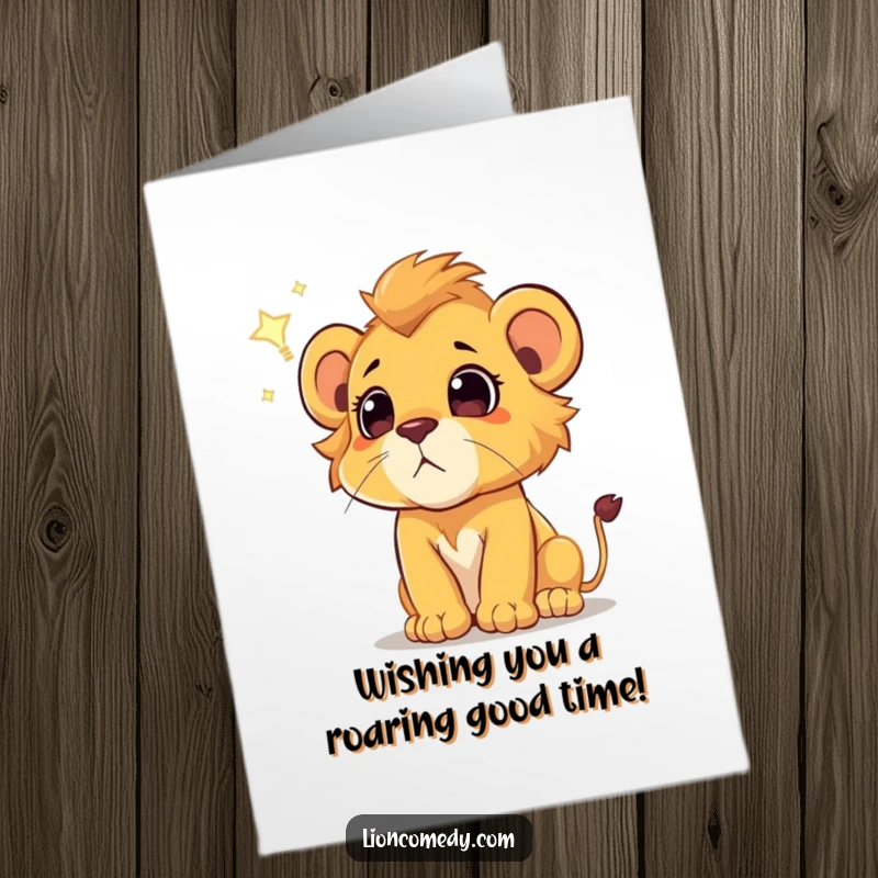 Funny Free Printable Happy Birthday Card: a surprised lion cub looks up in wonder at a shooting star.