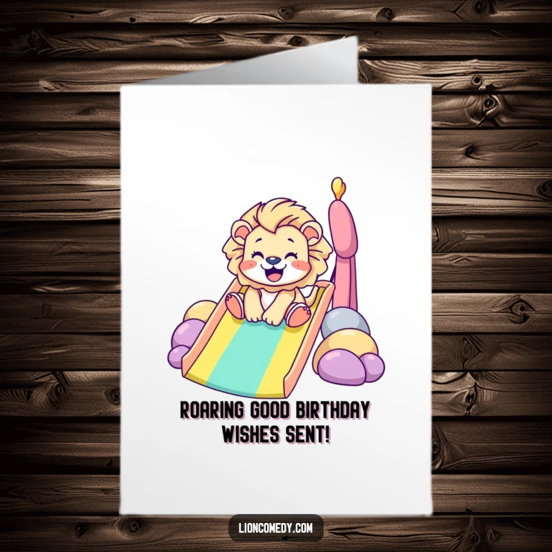 Funny Free Printable Birthday Card: Tiny lion gleefully sliding down a vibrant rainbow slide, spreading joy.
