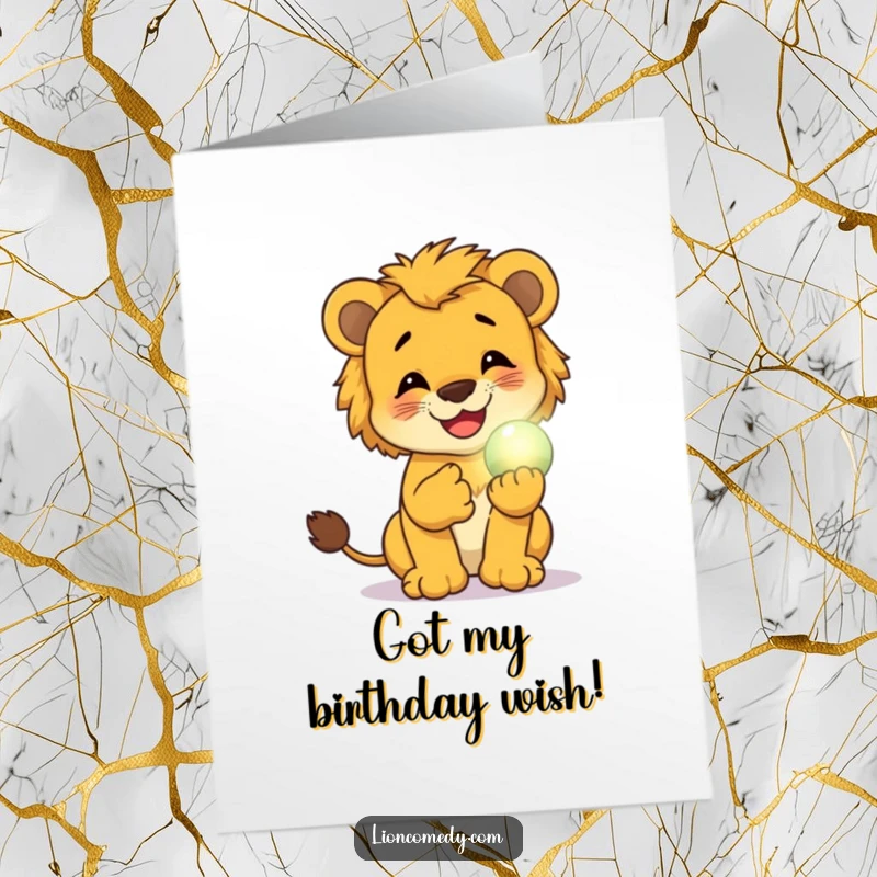 Funny Free Printable Birthday Card: A happy lion cub giggling uncontrollably while holding a small, radiant glowing orb.