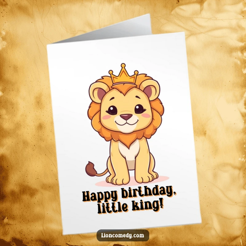 Funny Free Printable Birthday Card: A proud lion cub stands tall, wearing a small, majestic crown, ready to wish a happy birthday.