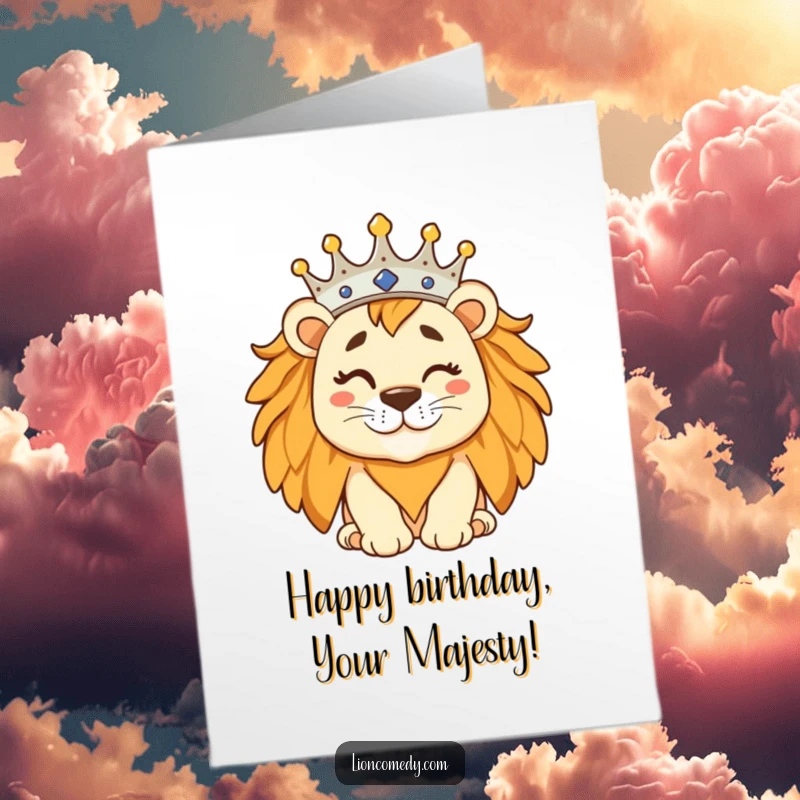 Funny Free Printable Birthday Card: A regal lion with a tilted crown winks slyly, offering a majestically humorous birthday wish.