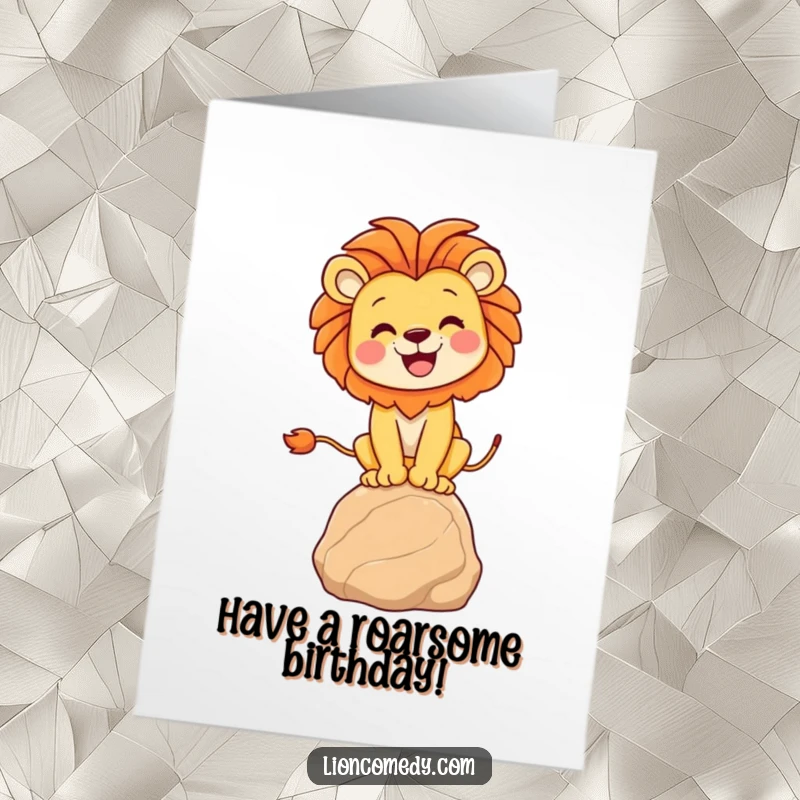 Funny Free Printable Birthday Card: A joyful lion masterfully balancing on a small round rock, celebrating a special birthday.