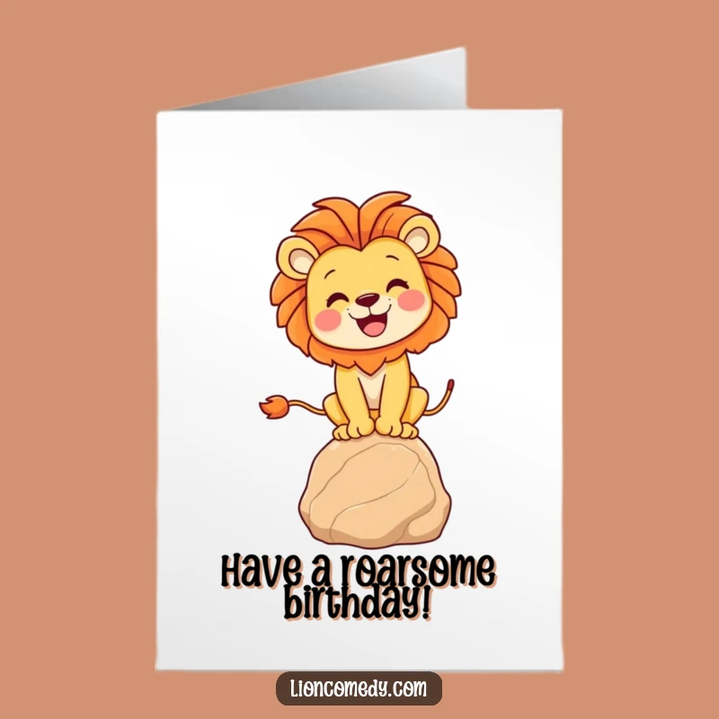 Free Printable Birthday Card: Joyful Lion Balancing Act Funny Downloadable Gift