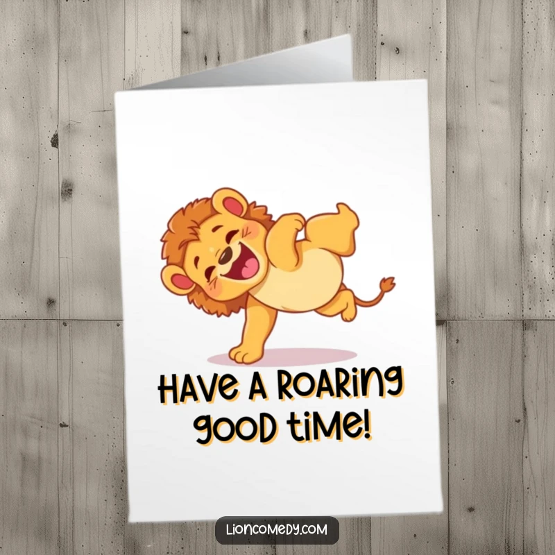 Funny Free Printable Birthday Card: Energetic lion cub does a clumsy somersault with glee, wishing a joyous birthday.