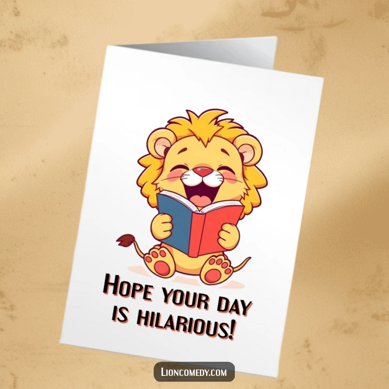 Funny Free Printable birthday card depicting a jovial lion cub roaring with laughter while holding an open joke book.