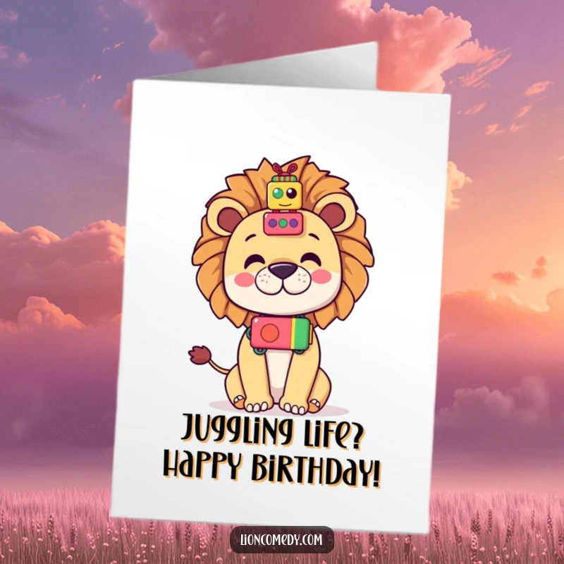 Funny Free Printable Birthday Card: Kawaii lion balancing colorful toys on nose, playful and cute printable.