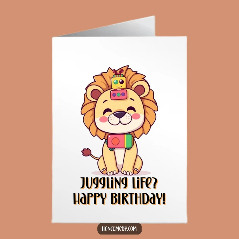 Free Printable Birthday Card: Playful Kawaii Lion Toy Stack Downloadable Gift