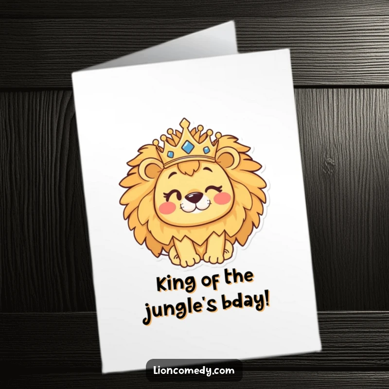 Funny Free Printable Birthday Card: Kawaii Lion Winks Majestically Balancing a Crown on its Head