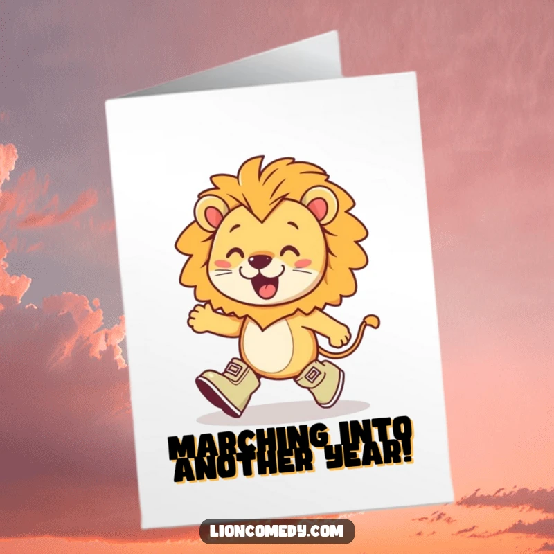 Funny Free Printable Birthday Card: Kawaii lion in tiny boots marching enthusiastically, full of energy, a downloadable birthday wish.
