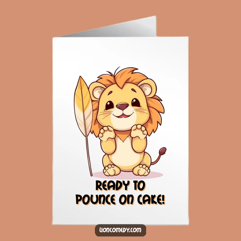 Free Printable Birthday Card: Funny Lion Pouncing on Feather Gift