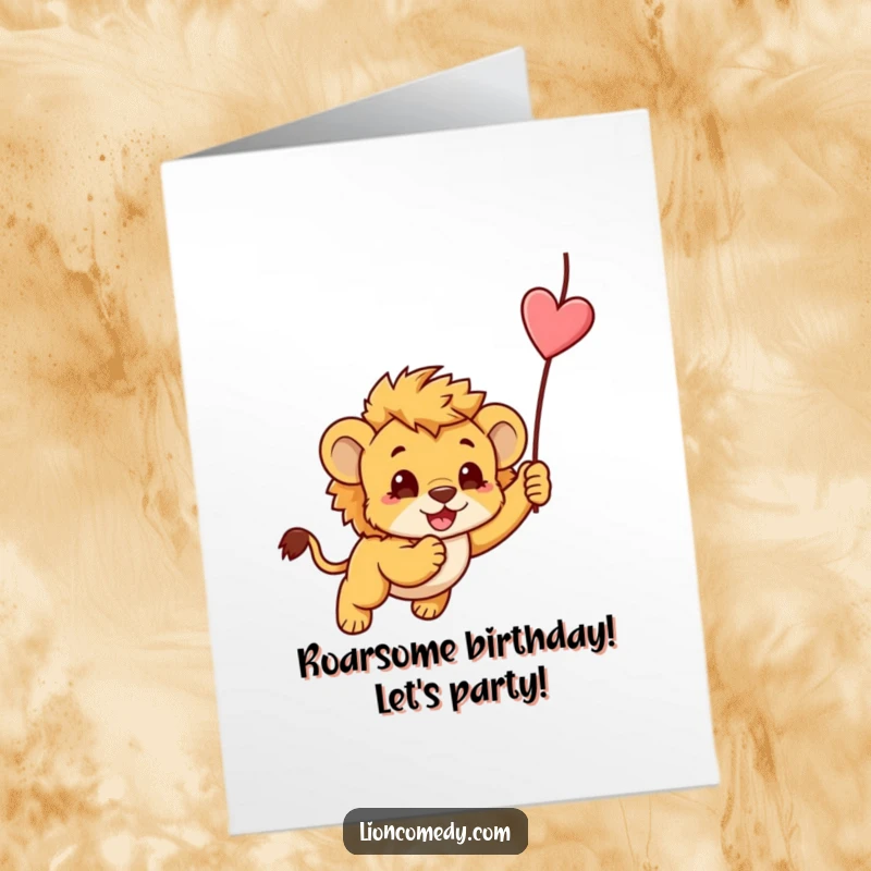 Funny Free Printable Birthday Card: A kawaii lion cub hilariously pounces on a dangling string with pure joy.