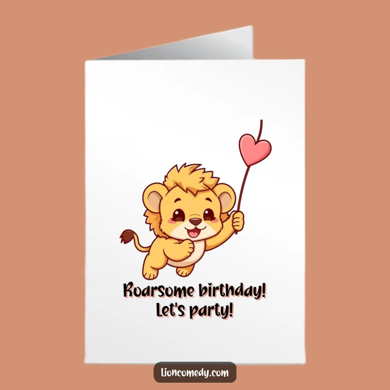 Free Printable Birthday Card: Funny Kawaii Lion Cub Pouncing - Hilarious Downloadable Gift