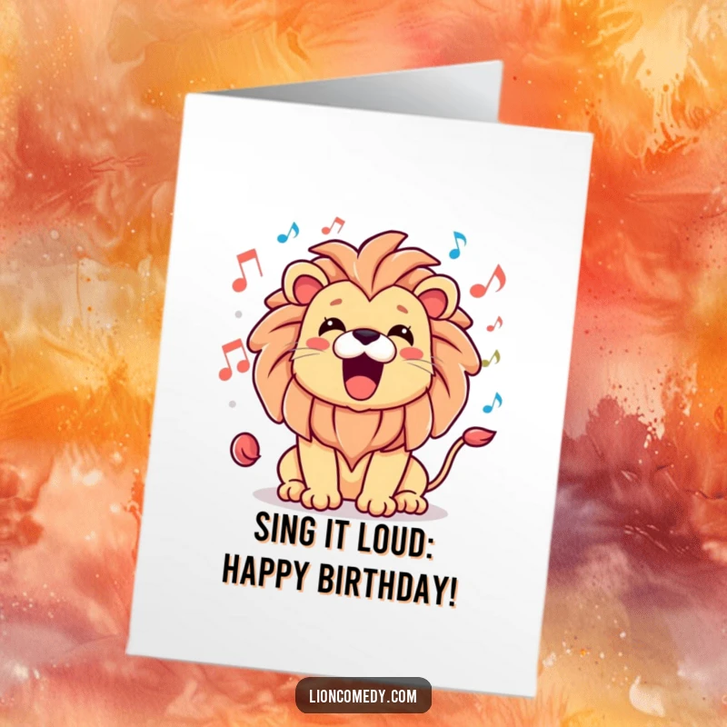 Funny Free Printable Birthday Card featuring a cute kawaii lion roaring joyfully amidst a symphony of musical notes, perfect for celebration.