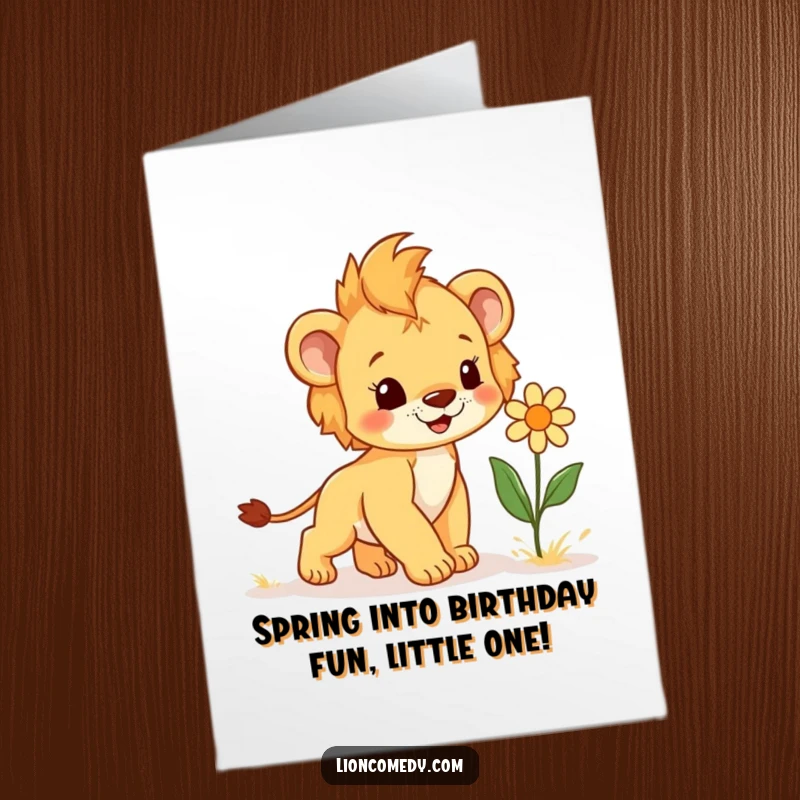 Funny Free Printable Birthday Card: A happy lion cub joyfully approaches a flower that's giggling.