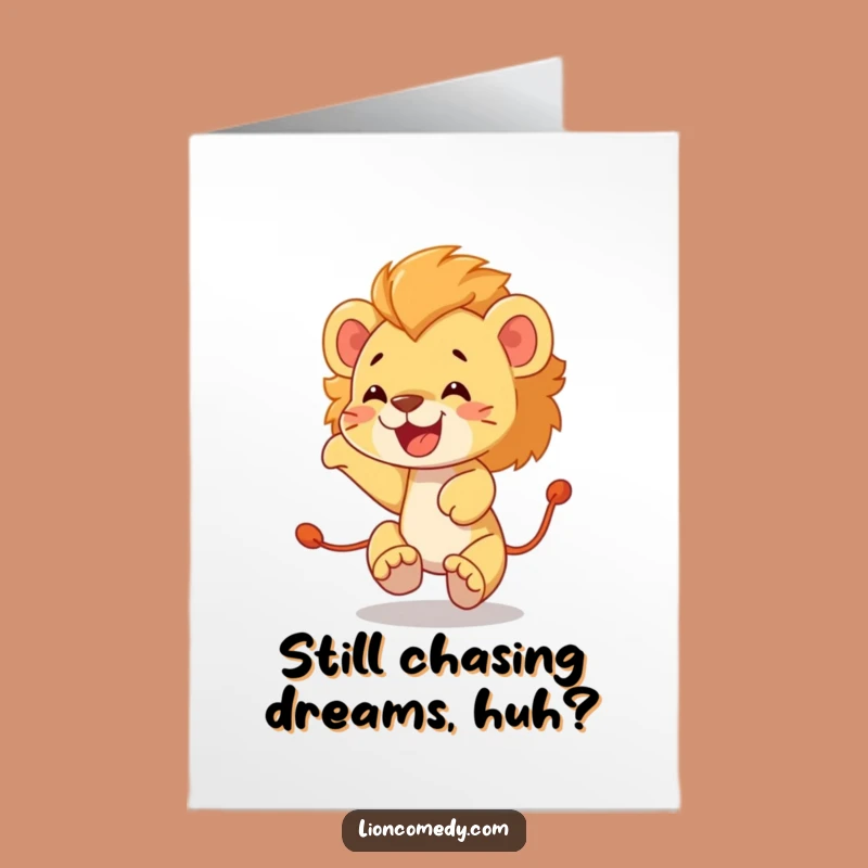 Free Printable Birthday Card: Funny Lion Cub Chasing Tail Design - Hilarious Downloadable Gift